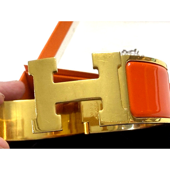 Hermès ORANGE Enamel Gold Plated Clic Clac H bracelet Medium w/ box - Picture 6 of 16